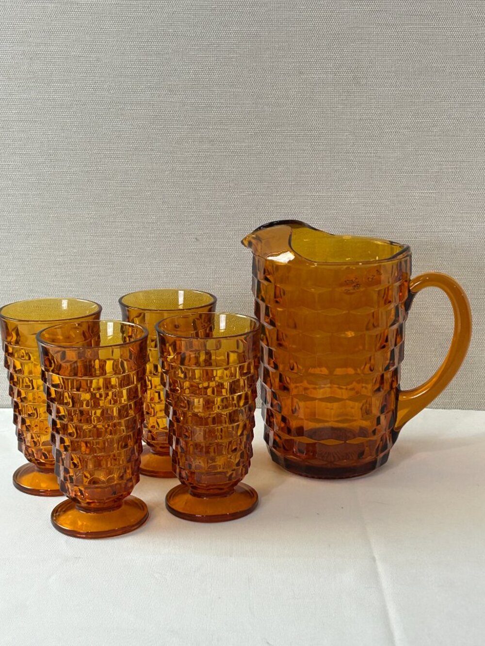 Set of 5 Vintage INDIANA GLASS Amber Whitehall 4 Footed Glasses 1 Cubist Pitcher